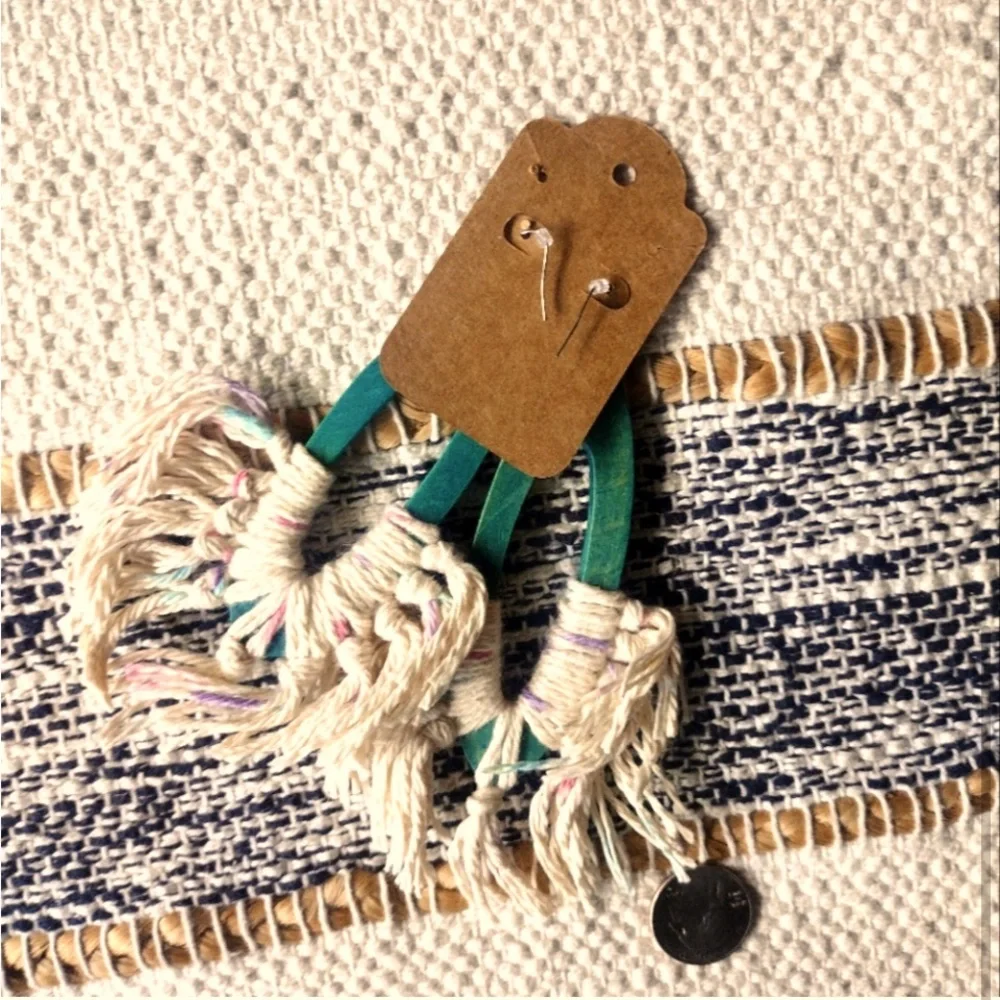Gorgeous Handcrafted Earrings with Tribal Vibe. Teal colored wood cream fringe